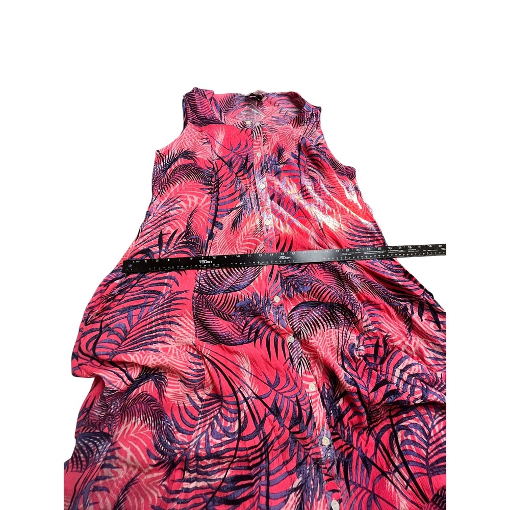 Easy Essentials Pink Purple Tropical Palm Print Rayon Button Front Midi Dress L - Picture 8 of 11